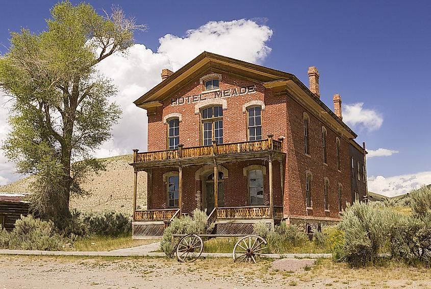Log and frame buildings along the main street at Bannack, Montana.