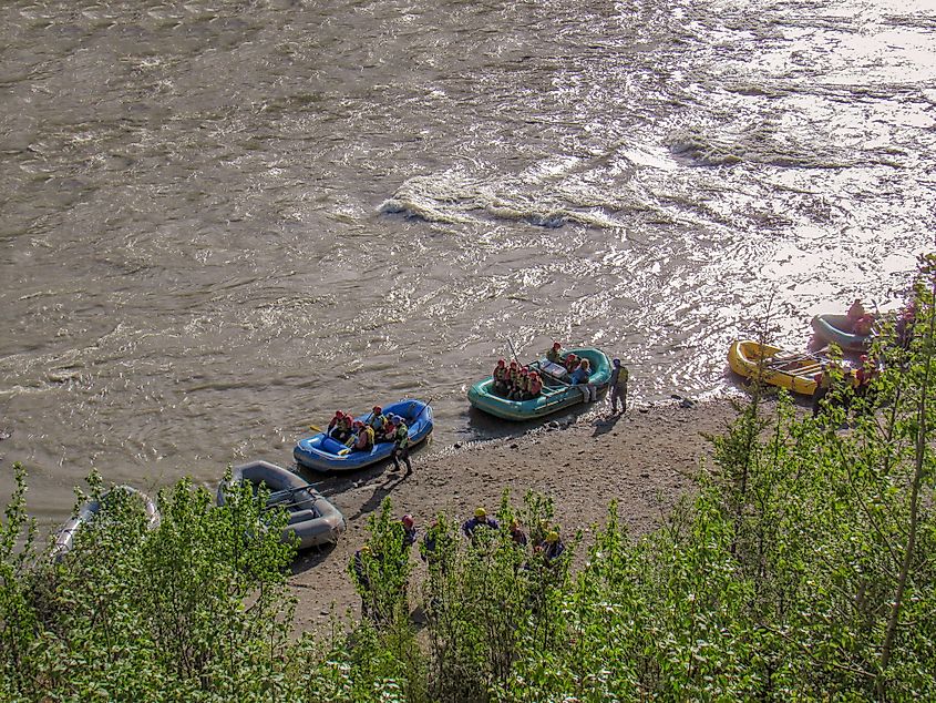 Tourists rafting the Nenana River near Denali, Alaska