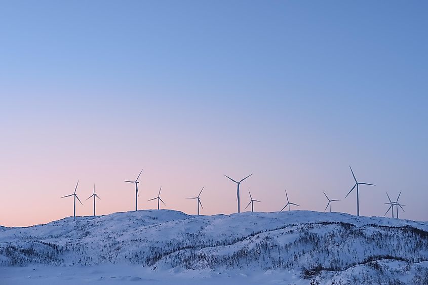 View at the wind turbines farm in Norway in winter