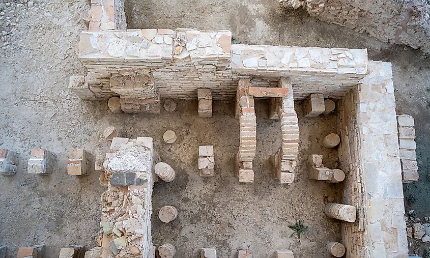 Top view of brick pilae and arches from a Roman hypocaust heating system.