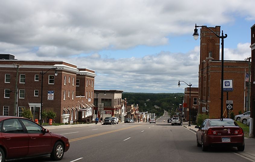 Looking west at downtown Crystal Falls at the western terminus forM-69
