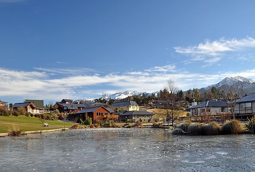 Hanmer Springs - popular tourist spa mountain village and frozen lake in the middle of Winter, New Zealand. Copy space available.