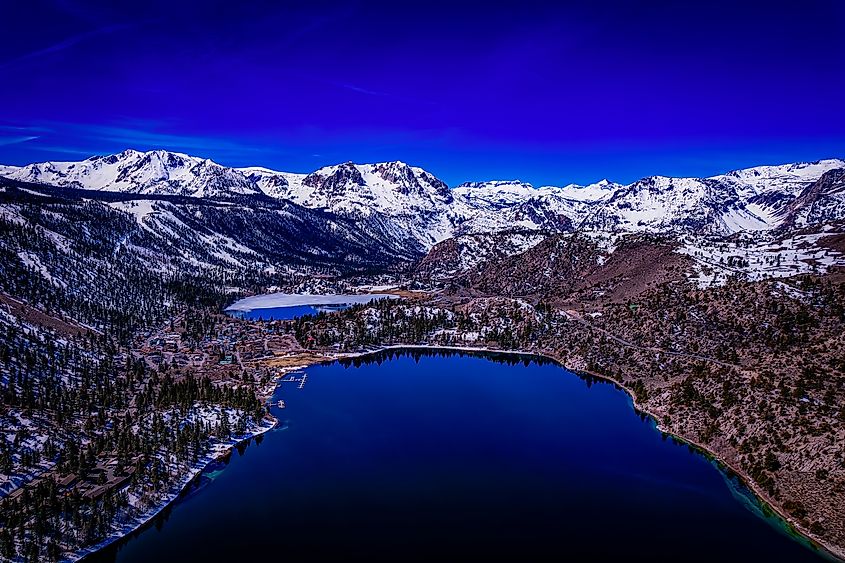 Aerial view of June Lake, California, in winter.