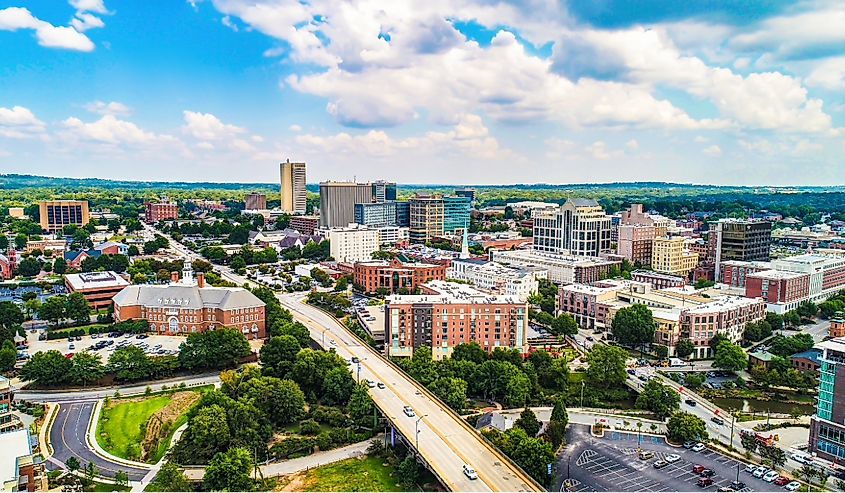 Drone Aerial of the Downtown Greenville, South Carolina SC Skyline