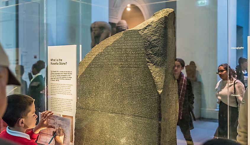 The Rosetta Stone is protected by bulletproof glass boxes in the British Museum, London, United Kingdom.