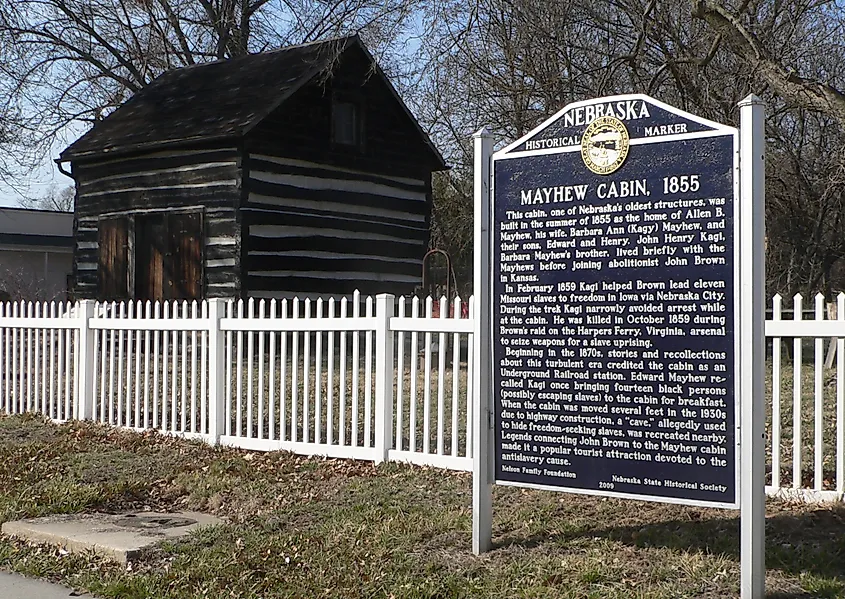 Mayhew Cabin and marker in Nebraska City, Nebraska