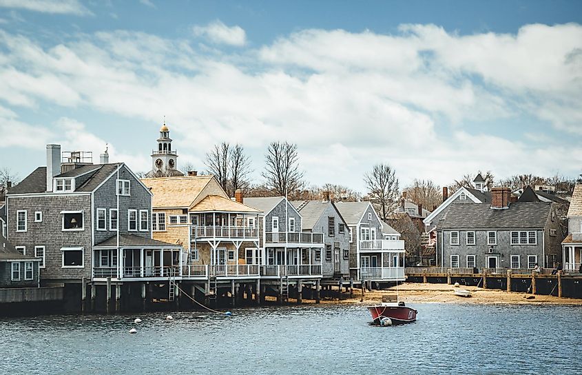 Wooden houses line the harbor at Nantucket. 
