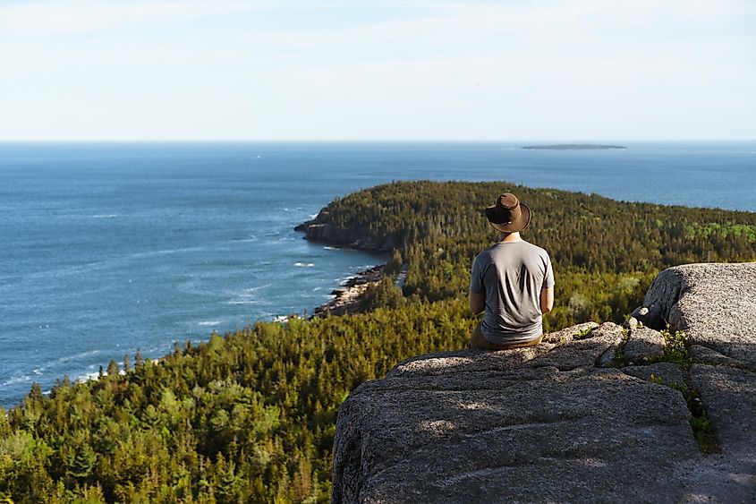 Man viewing Otter Cliff from Gorham Mountain, Acadia National Park, Maine.