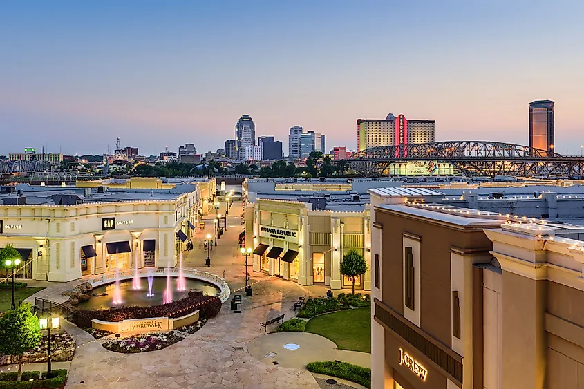 The Louisiana Boardwalk and downtown skyline in Shreveport, Louisiana