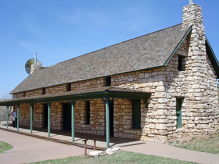 A reconstructed stone house at the National Ranching Heritage Center in Lubbock, Texas