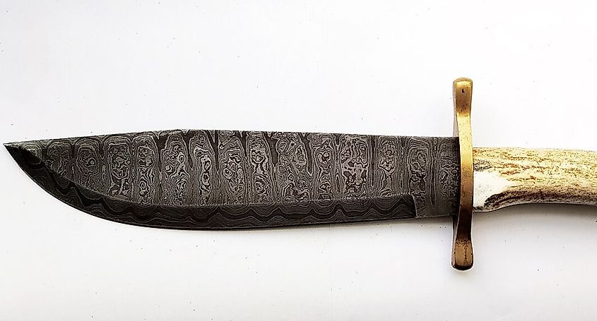 Hand-forged Rose Damascus Bowie Knife made in the USA in the 1990s; Gift from a U.S. Army Drill Instructor Marine Corps to a Master of the German BDSM scene.
