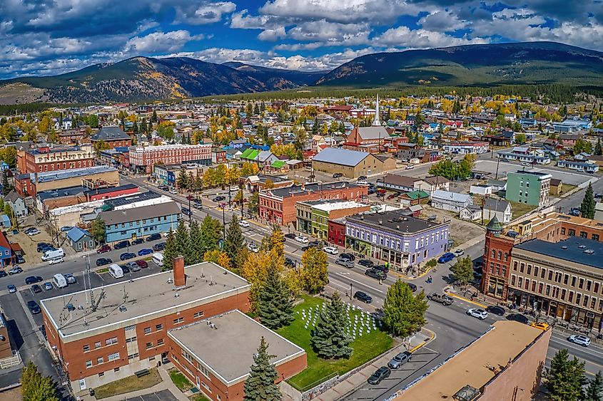 Aerial view of Leadville, Colorado, during autumn.