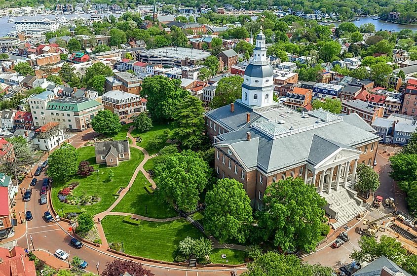 Aerial view of Maryland State House capitol building and state circle with colonial houses in Annapolis