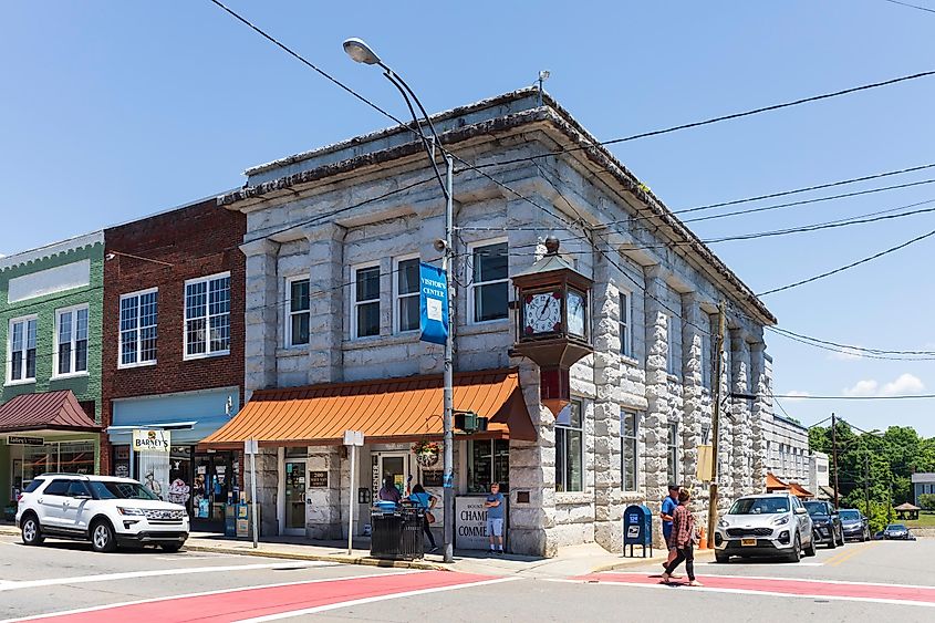 MT. AIRY, NC, USA-5 JUNE 2021: The Mount Airy Chamber of Commerce and Visitors' Center sets on Main Street, next to Barney's Cafe. People. Horizontal image.