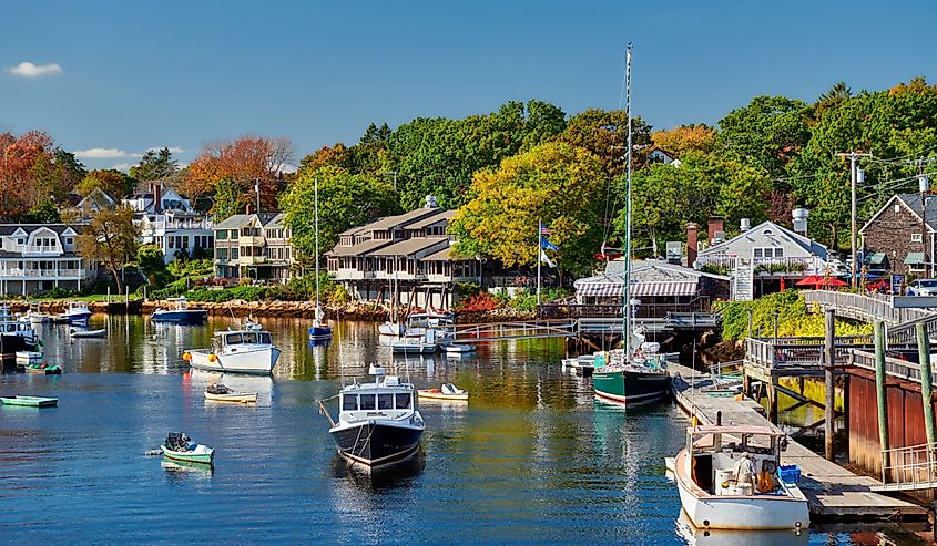 Fishing boats docked in Perkins Cove, Ogunquit, on coast of Maine
