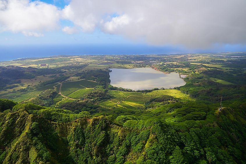 Aerial view of the south shore of Kauai island and Waita Reservoir, Hawaii, United States