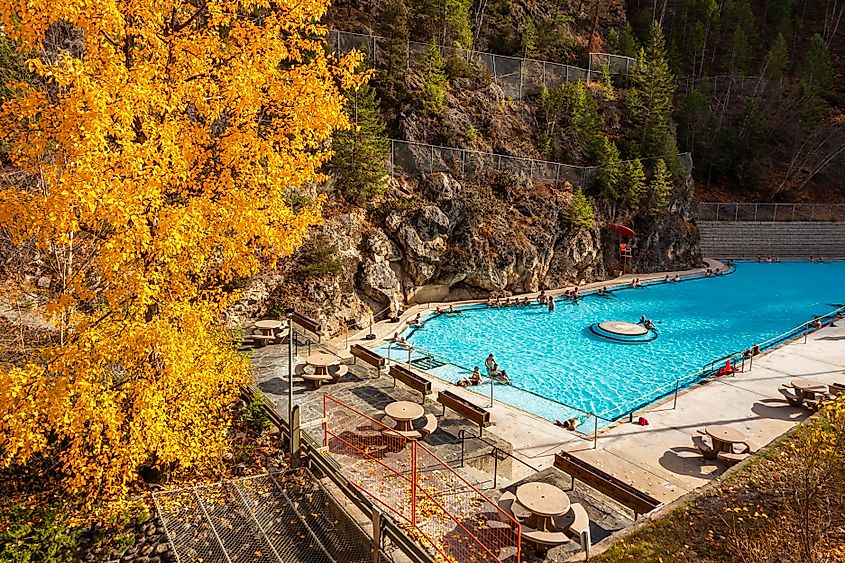 People enjoy at the Radium Hot Springs, British Columbia, Canada.