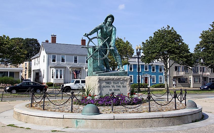 Fisherman's Memorial Cenotaph, also known as "Man at the Wheel" statue, on South Stacy Boulevard in Gloucester, Massachusetts