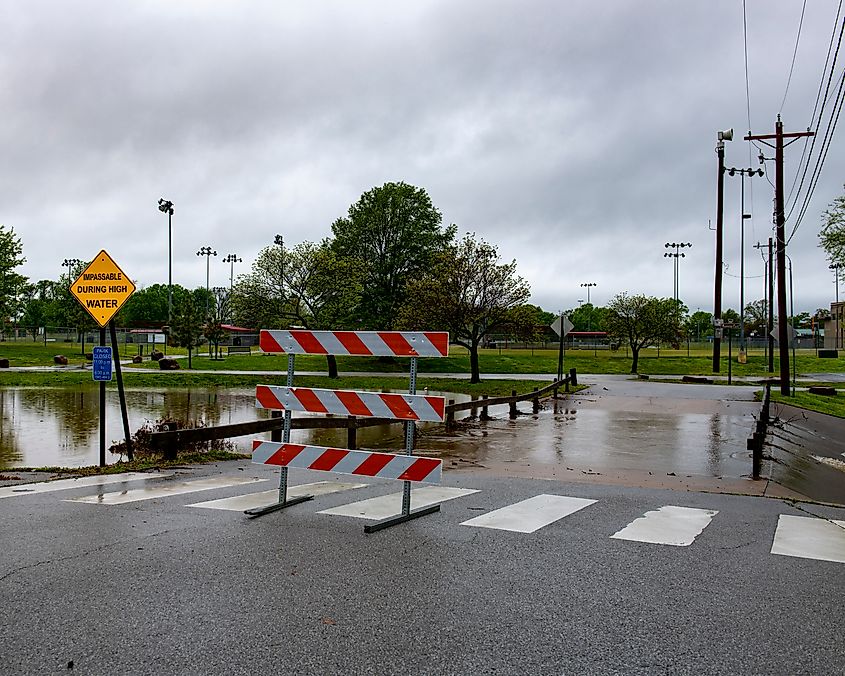 Closed road due to flooding in Bentonville, Arkansas