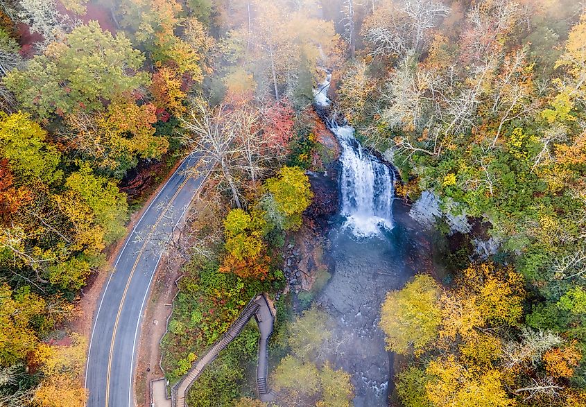 Autumn view of Looking Glass Falls in the Pisgah National Forest near brevard