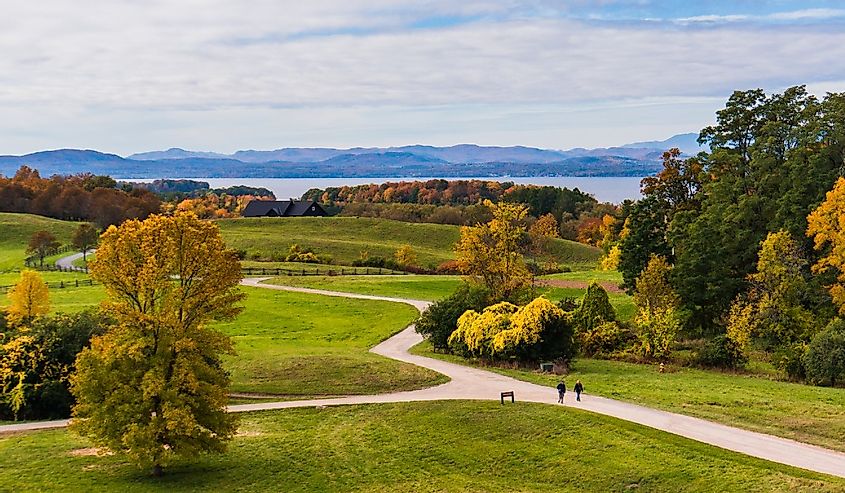 View of Lake Champlain and the Adirondack Mountains in New York from Shelburne Farms in Vermont