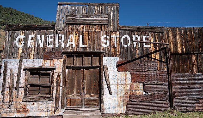 Abandoned General Store building, falling apart, in the ghost town of Mogollon, New Mexico