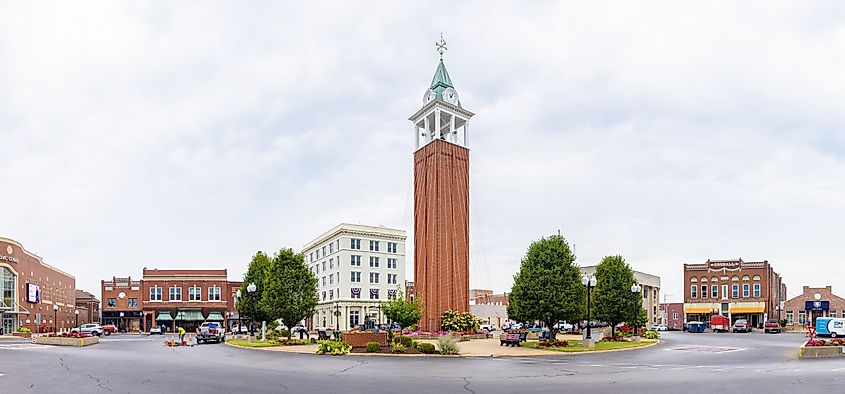 The Clock Tower at the Old Town Square, surrounded by old historic buildings, Marion, Illinois.