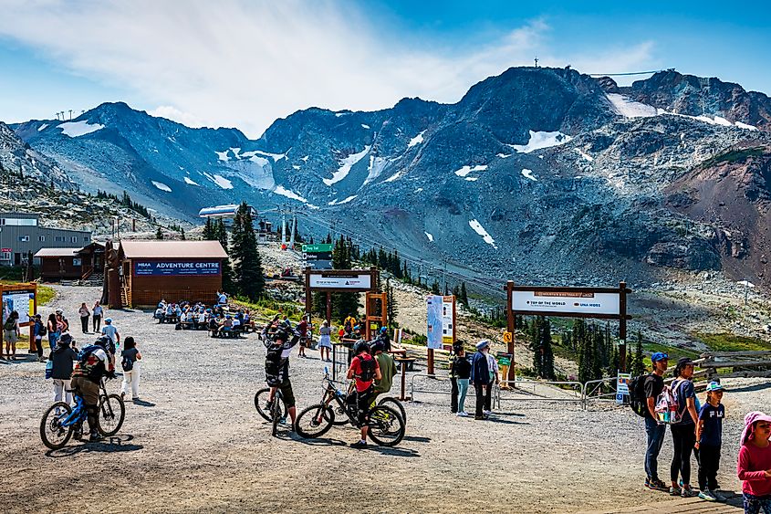 Whistler, British Columbia: Mountain bikers at on top of the mountain bike park at Whistler Mountain in Canada