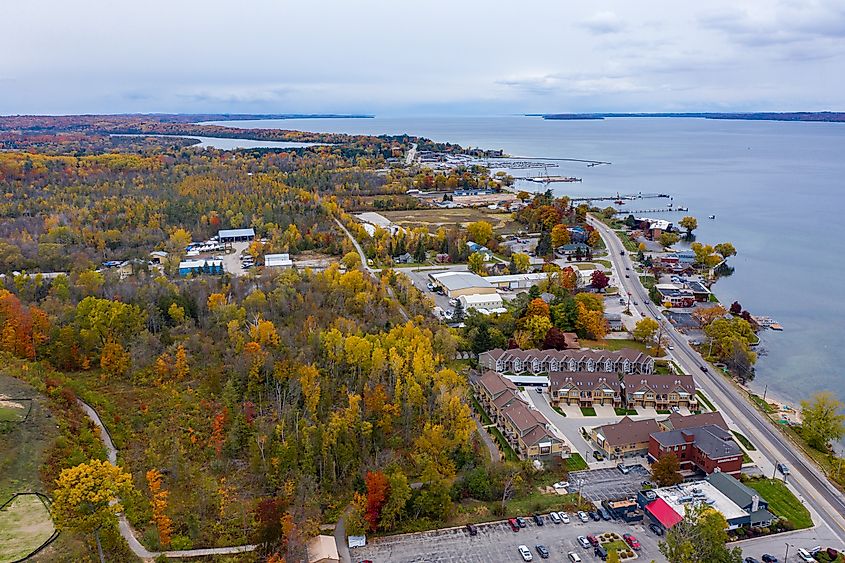 Aerial photo of Traverse City Michigan during the fall