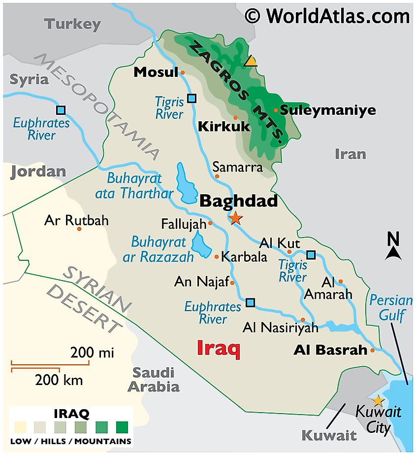 Physical map of Iraq showing state boundaries, relief, the Zagros Mountains, major rivers, highest point, major lakes, and important cities.