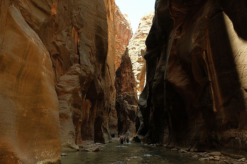 Beautiful slot canyons with sunlight reflecting on water at Narrows hike in Zion National Park, Utah.