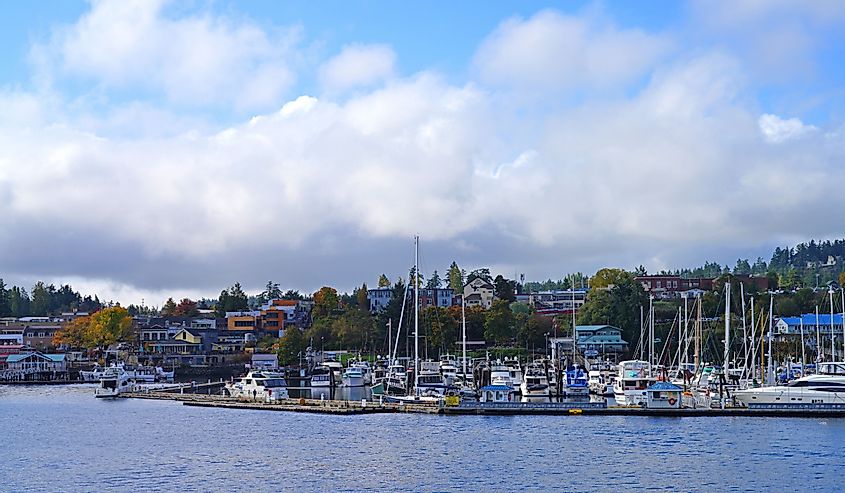 View of boats in the port of Friday Harbor, the main town in the San Juan Islands archipelago in Washington State, United States.