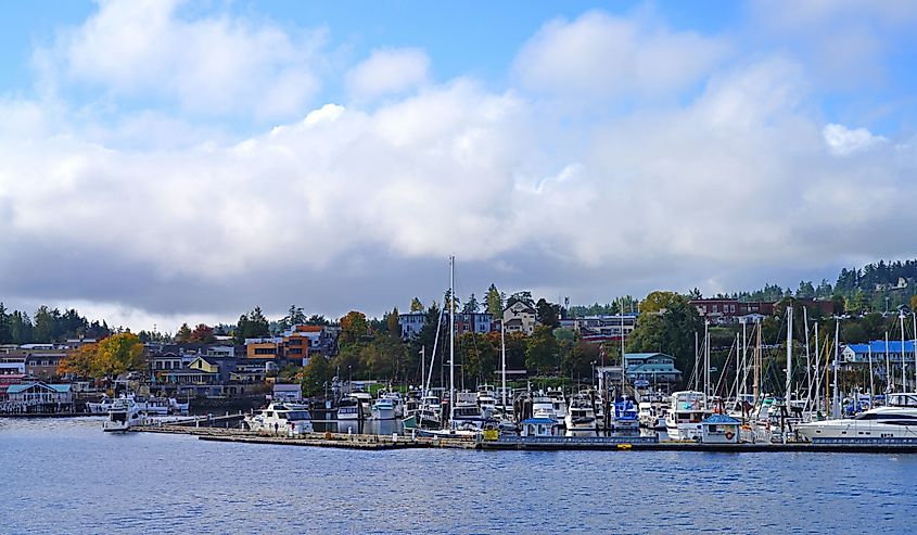 View of boats in the port of Friday Harbor, the main town in the San Juan Islands archipelago in Washington State, United States.