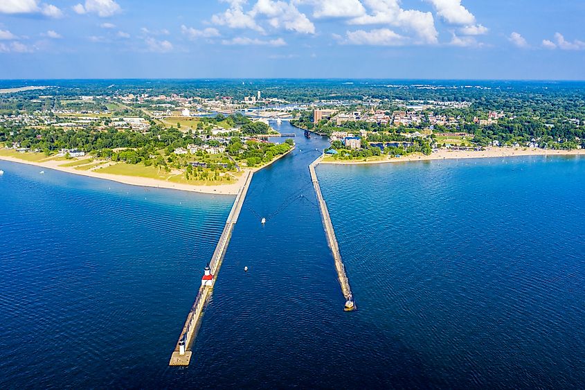 Aerial view of St. Joseph, Michigan with views of downtown, the state park, the St. Joseph Lighthouse, and St. Joseph River