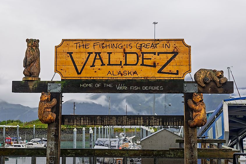 Valdez, Alaska welcome sign indicating fishing and fish derbies, featuring wooden bear carvings.