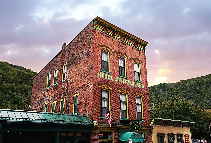 Historic downtown storefronts in Jim Thorpe, Pennsylvania, set in the Lehigh Gorge.