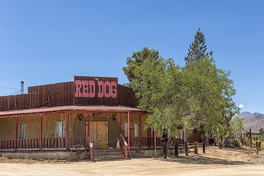 The Red Dog Saloon on Mane Street in Pioneertown, California, with a rustic Old West facade