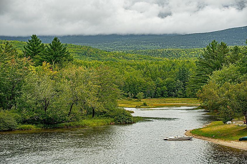 Penobscot River and mountains in Baxter State Park along the Golden Road, Millinocket, Maine