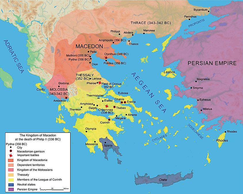 Map of the Kingdom of Macedon at the death of Philip II in 336 BC.