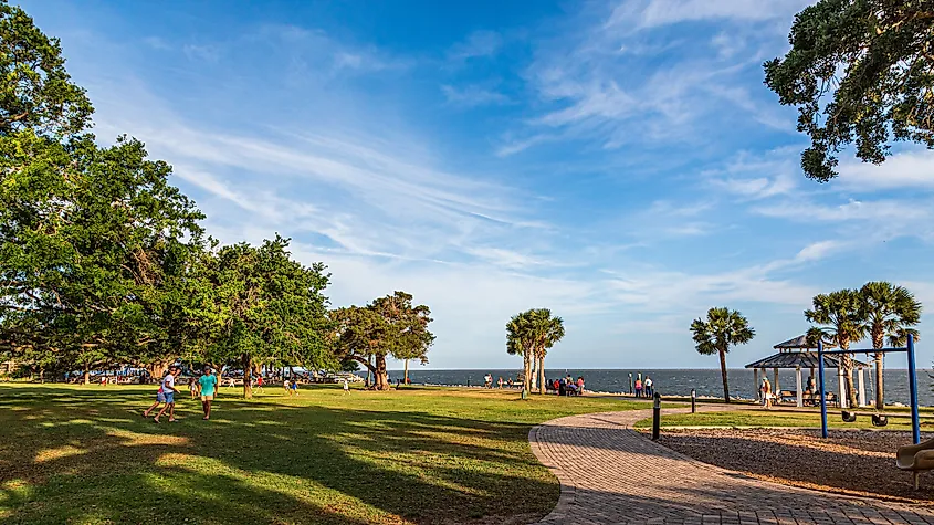 Tree-lined street and coastal scenery on Saint Simons Island, Georgia