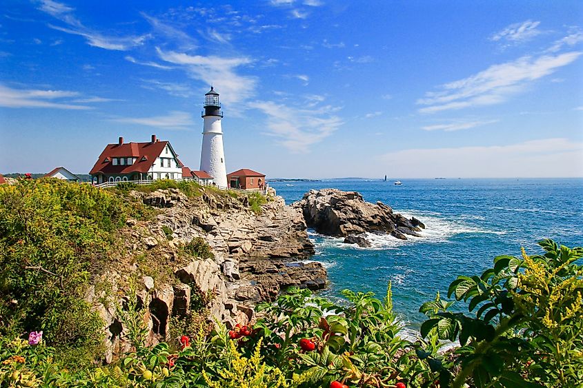 Portland Head Lighthouse at sunset at Fort Williams Park in Cape Elizabeth, Maine