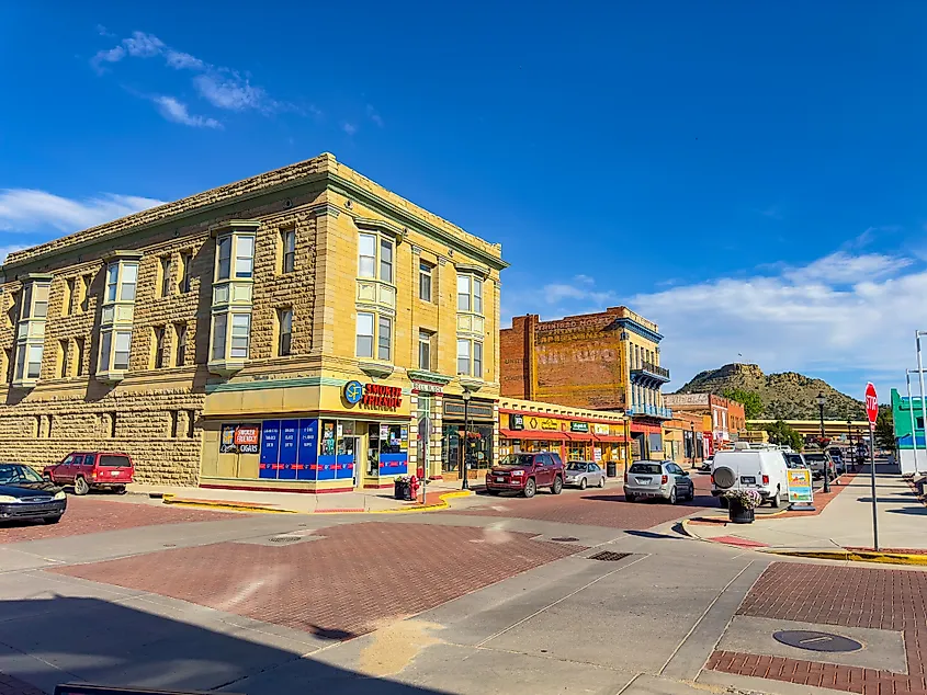 Historic brick downtown of Trinidad, Colorado, below the Sangre de Cristo Mountains.