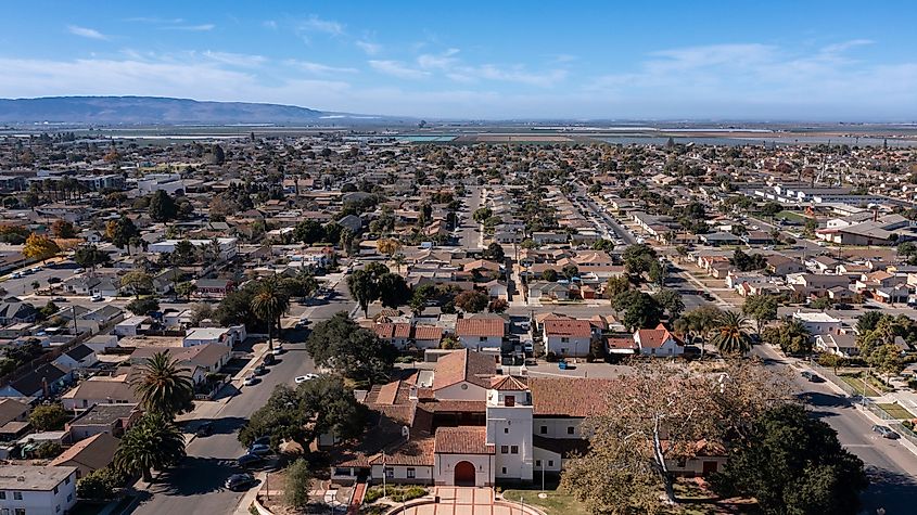 Aerial view of a historic church and surrounding neighborhood of Santa Maria, California