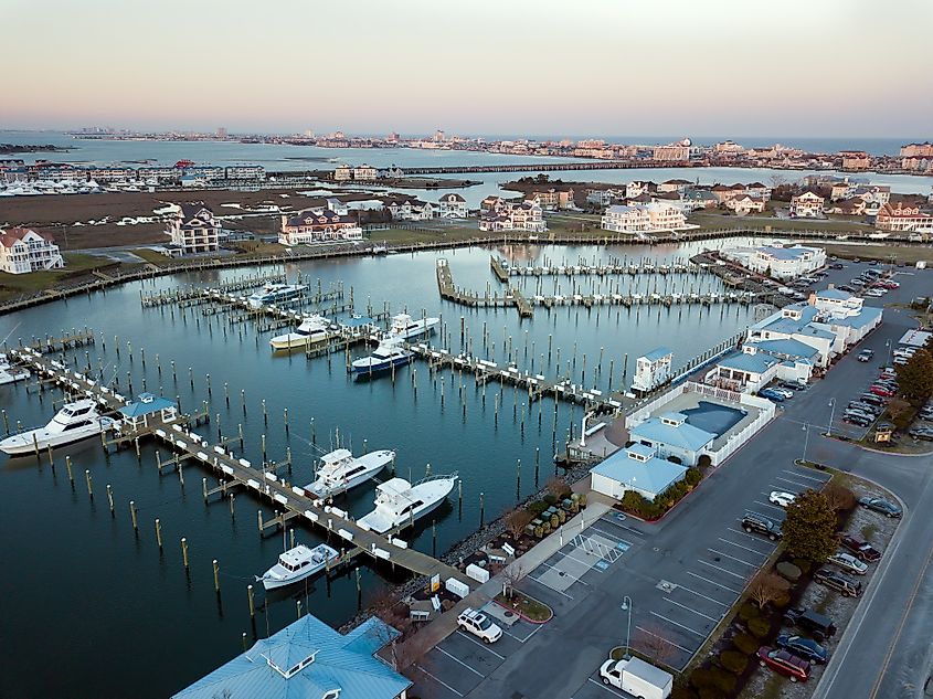 Aerial view of fishing marina in Ocean City, Maryland.