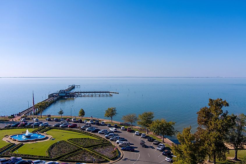 Fairhope, Alabama: Aerial view of Municipal Pier on Mobile Bay's eastern shore.