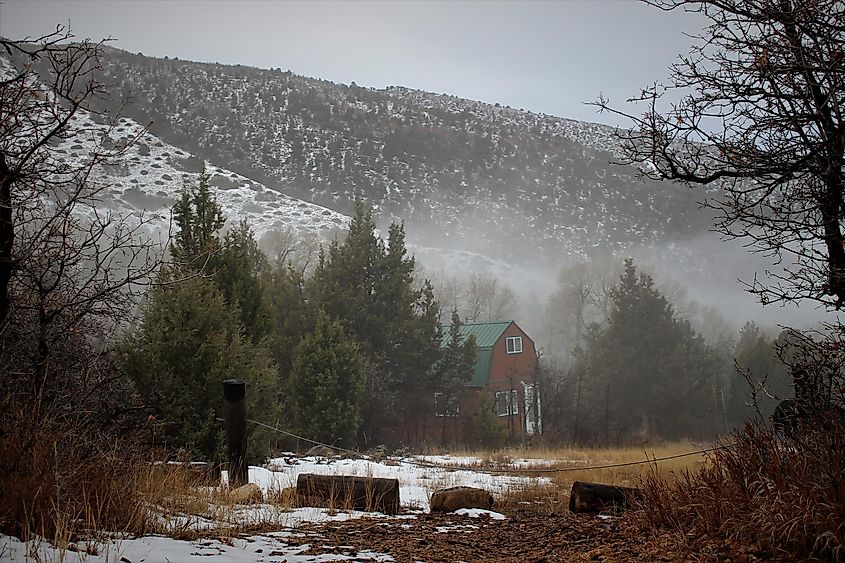 Cabin in the Woods on a cold winter day. Taken up Ephraim Canyon in central Utah