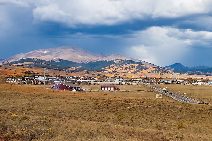 Fairplay, Colorado, from Red Hill Pass with Highway 285 in the fall season.