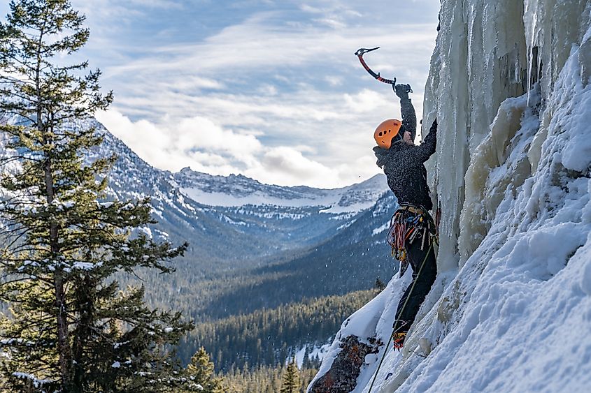 Ice climbing in the mountains near Bozeman, Montana.