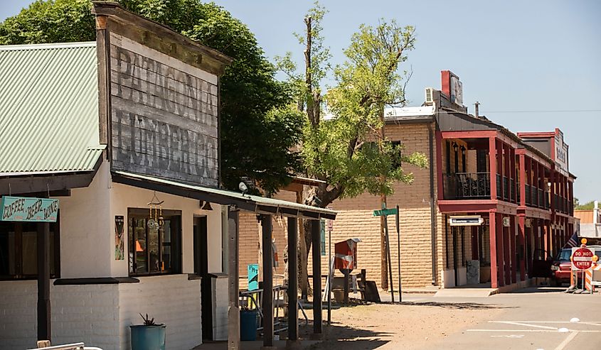 Afternoon sunlight shines on the historic downtown core of Patagonia.