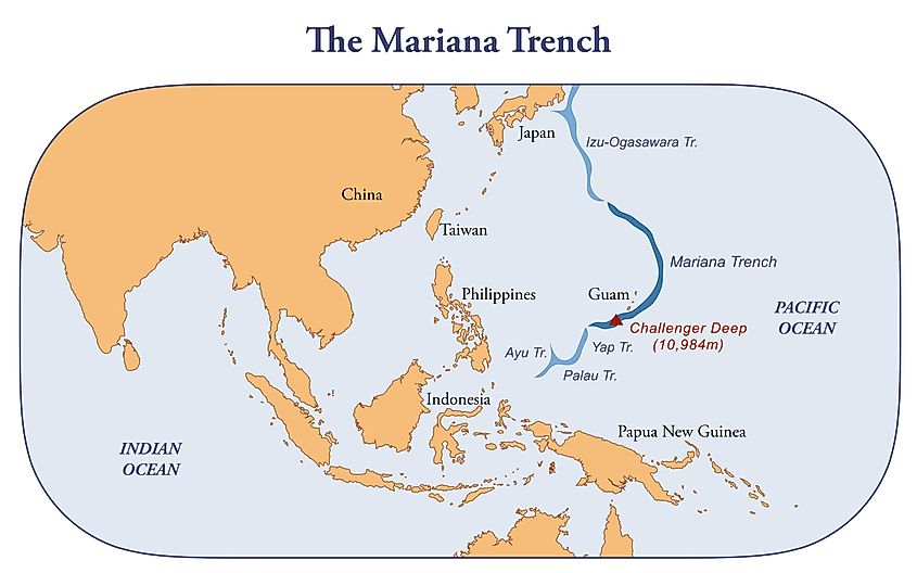 Map of the Mariana Trench, deepest oceanic trench of Earth. Via Shutterstock / Dimitrios Karamitros